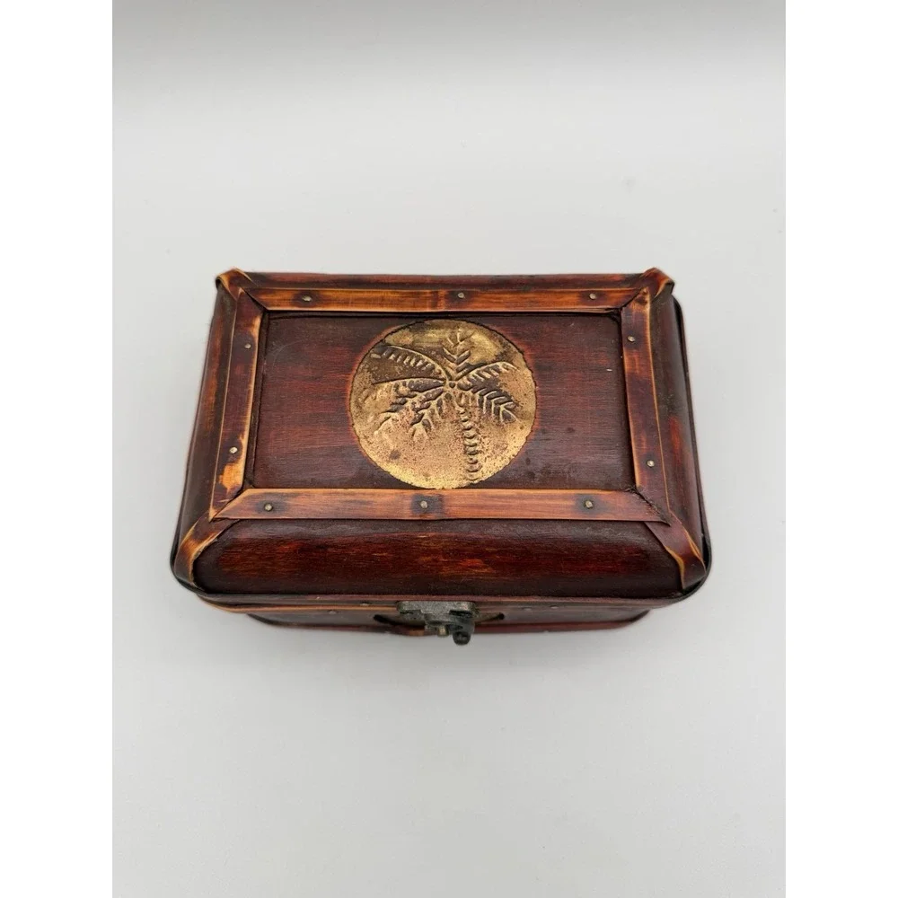 Decorative Wooden Keepsake Box Palm Tree Medallions Trinket Storage
